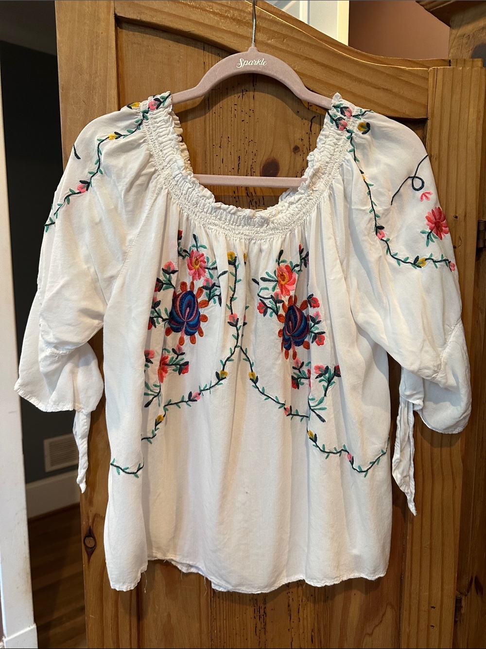 grand & greene White Peasant Blouse with Multicolor Floral Embroidery